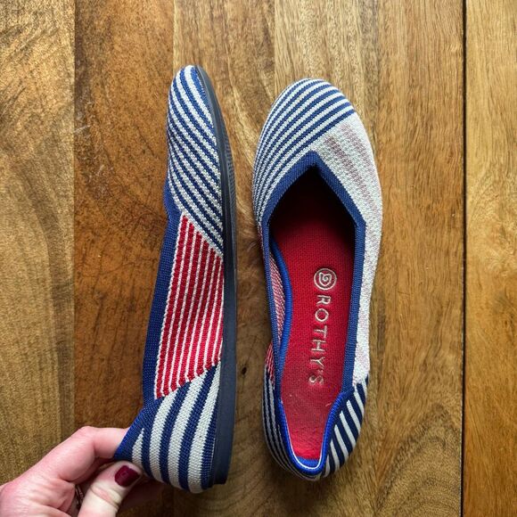 Rothy’s Pink Mixed Stripe Flat Unicorn Rare Retired Light Pink Blue Red Size 8.5 - Picture 2 of 5
